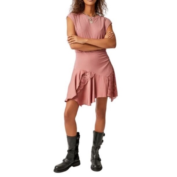 Free People Jazzy Dress Pink Rose Large Blouson Asymmetrical Hemline Lace Boho - Picture 15 of 16